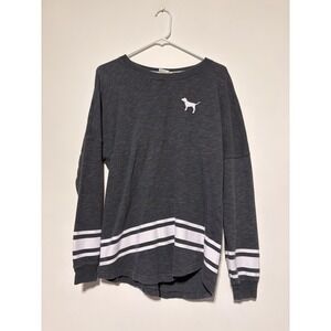 Victoria's Secret Pink Sweater Womens Medium Gray White Stripe Pullover Dog Logo